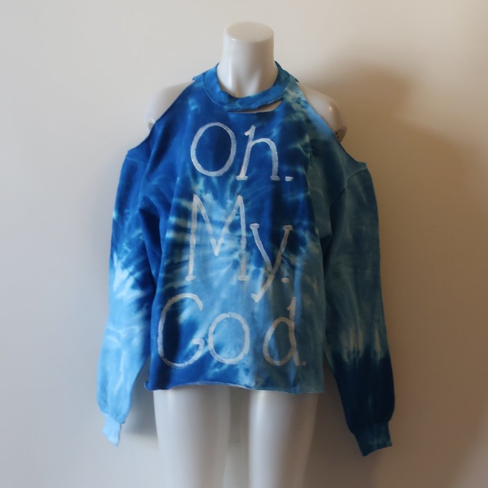 NWT Womens Hi Gorgeous Blue Cold Shoulder Tie-Dye "Oh My God" Sweatshirt Sz M *